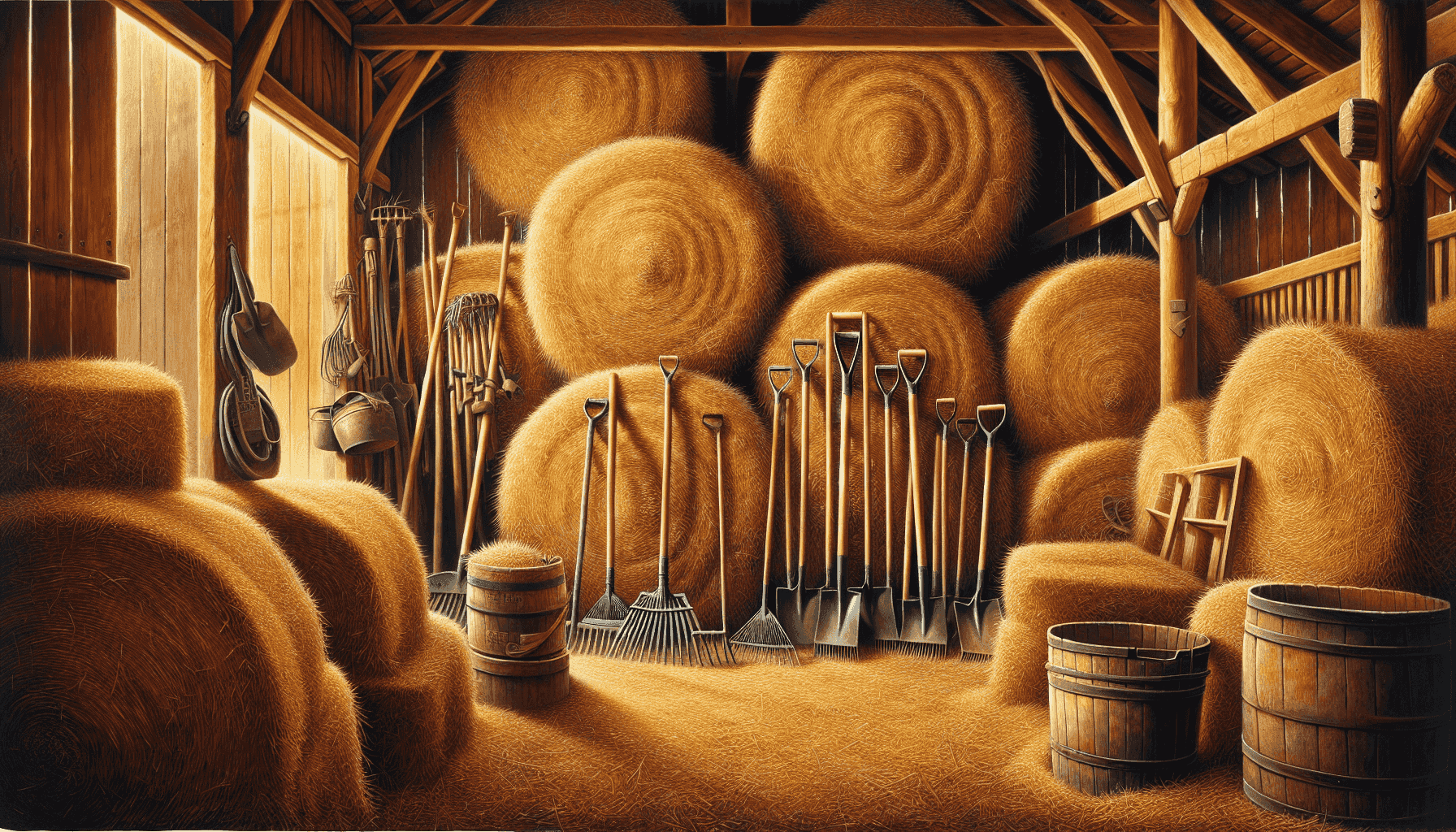 Hangulatos pajta belső szénabálákkal és farm eszközökkel