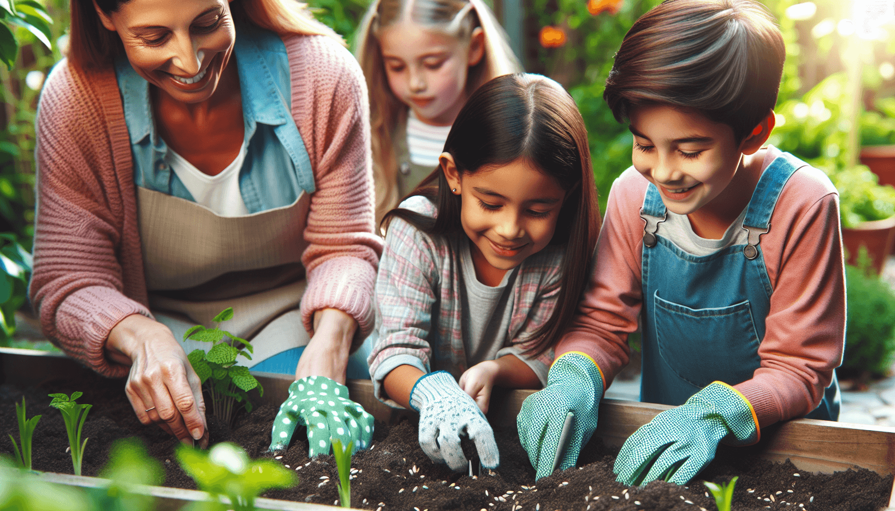 Gyerekek csoportja magokat ültet a kertben