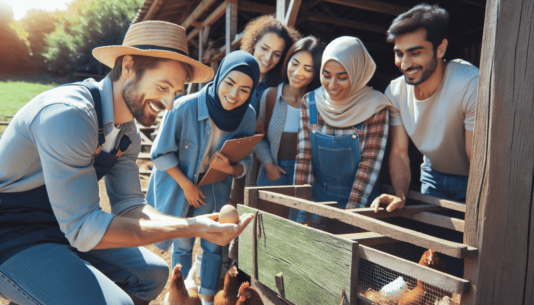 Gazda mutatja a látogatóknak, hogyan gyűjtsenek tojásokat a tyúkólból