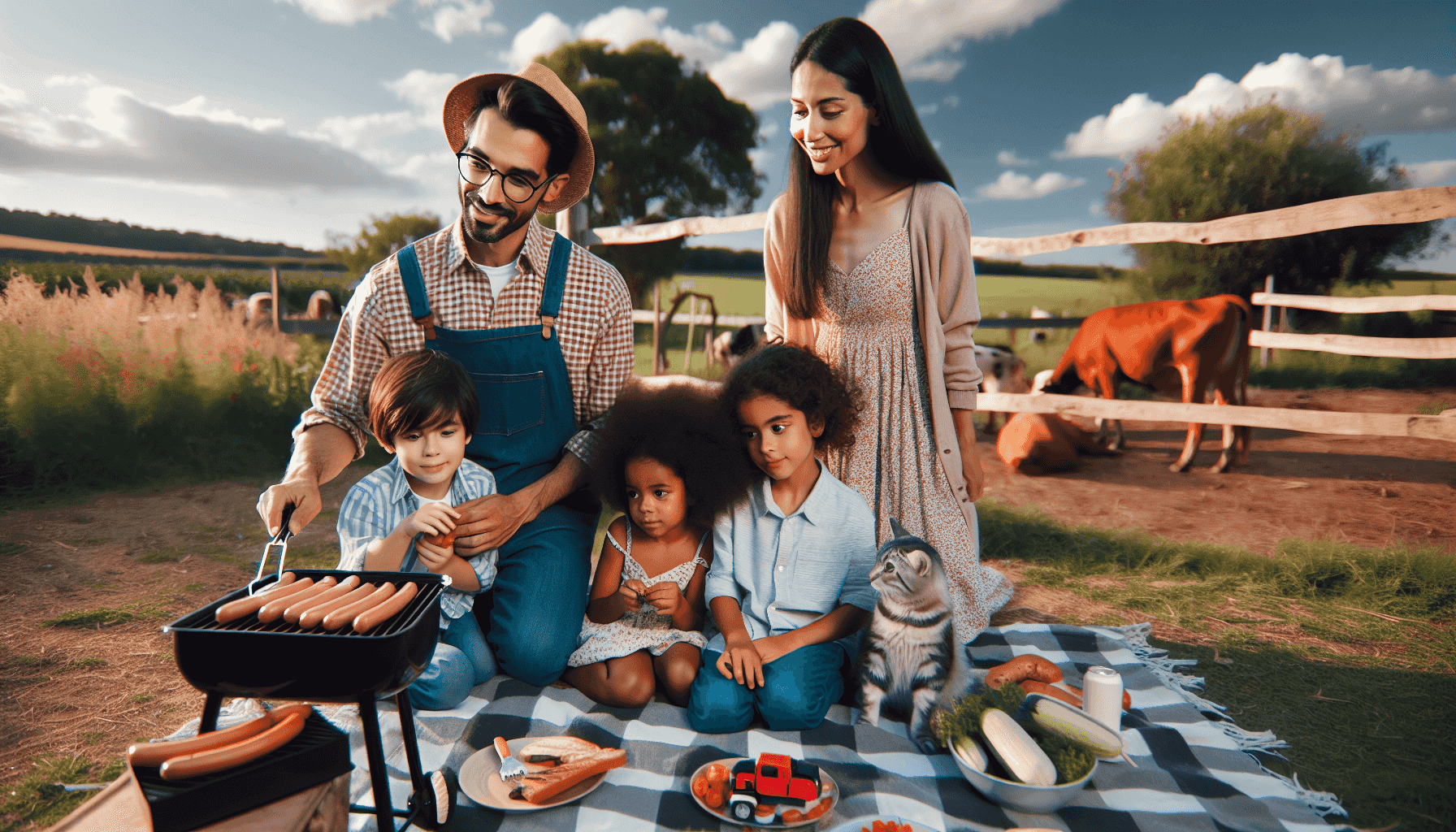 Család piknikezik a farm területén