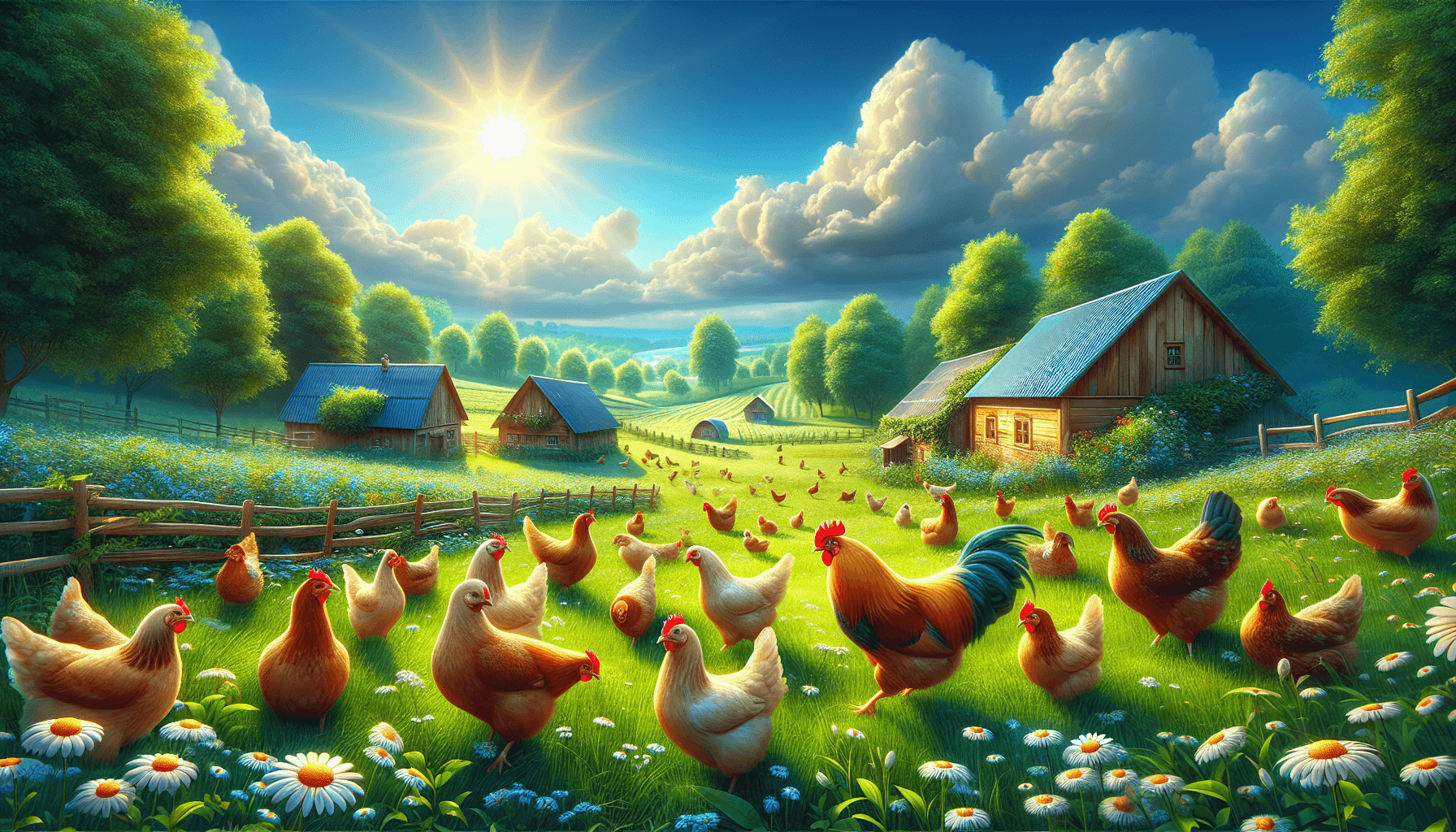 Békés farm táj napfényben kapirgáló csirkékkel